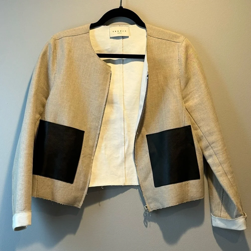 Sandro Beige Linen + Black Leather Pocket Jacket